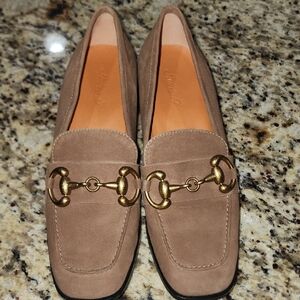Saint G, Jenny Taupe Suede Loafers Moccasins with Gold Accent, 36